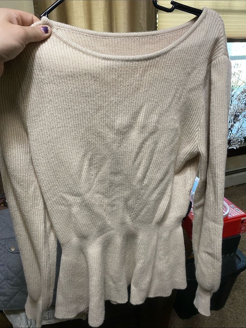 Cream Ribbed Long-Sleeve Women’s Sweater
